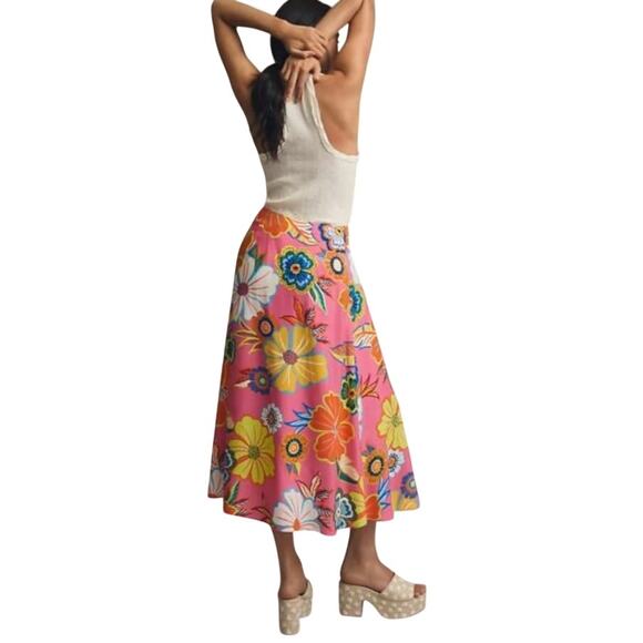 Farm Rio Anthrologie Midi Skirt Viscose Size M Bright Floral Size M Boho Indie - Picture 3 of 10